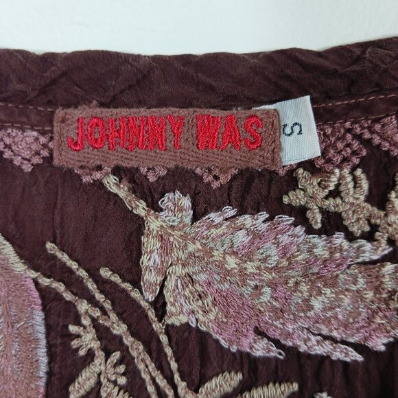 Johnny Was, Burgundy Brown Embroidered Boho Chic Top, Lt. Wt., Semi-Sheer, Small - Picture 2 of 16
